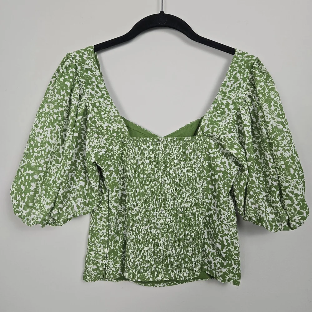 Abercrombie & Fitch Womens Puff Sleeve Babydoll Top Small Green Milkmaid Ruffle